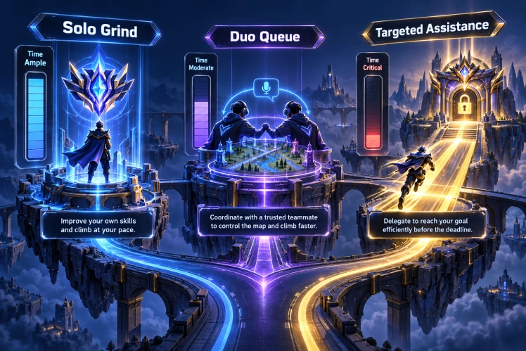 Evaluating Solo Grinding, Duo Queuing, and Professional Assistance